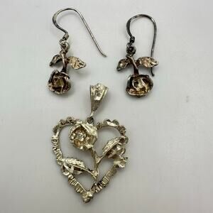 Vintage unmarked tested sterling silver rose hook drop earrings heart pendant